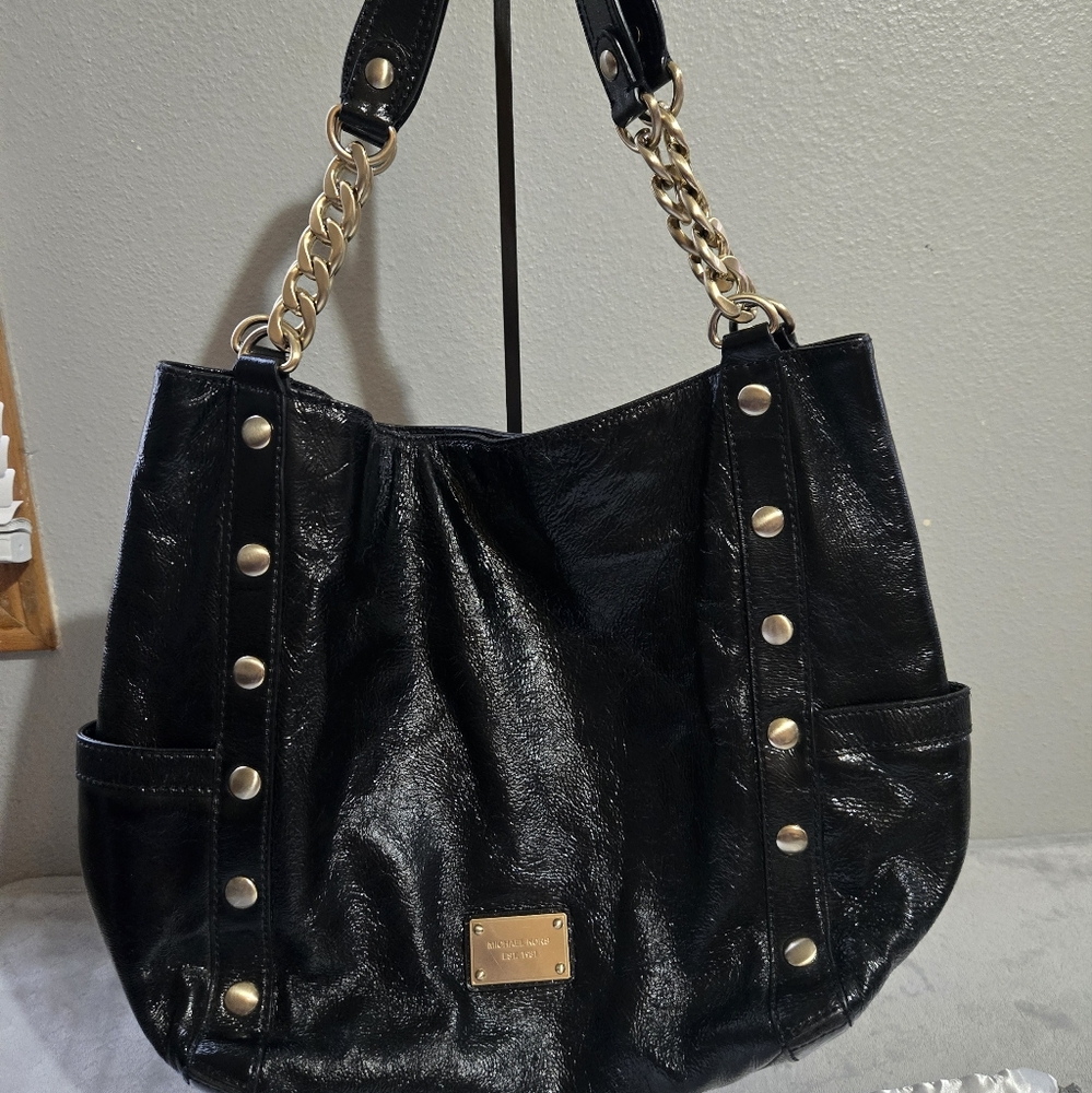 Michael Kors Black Leather Shoulder Bag with Gold Accents EUC